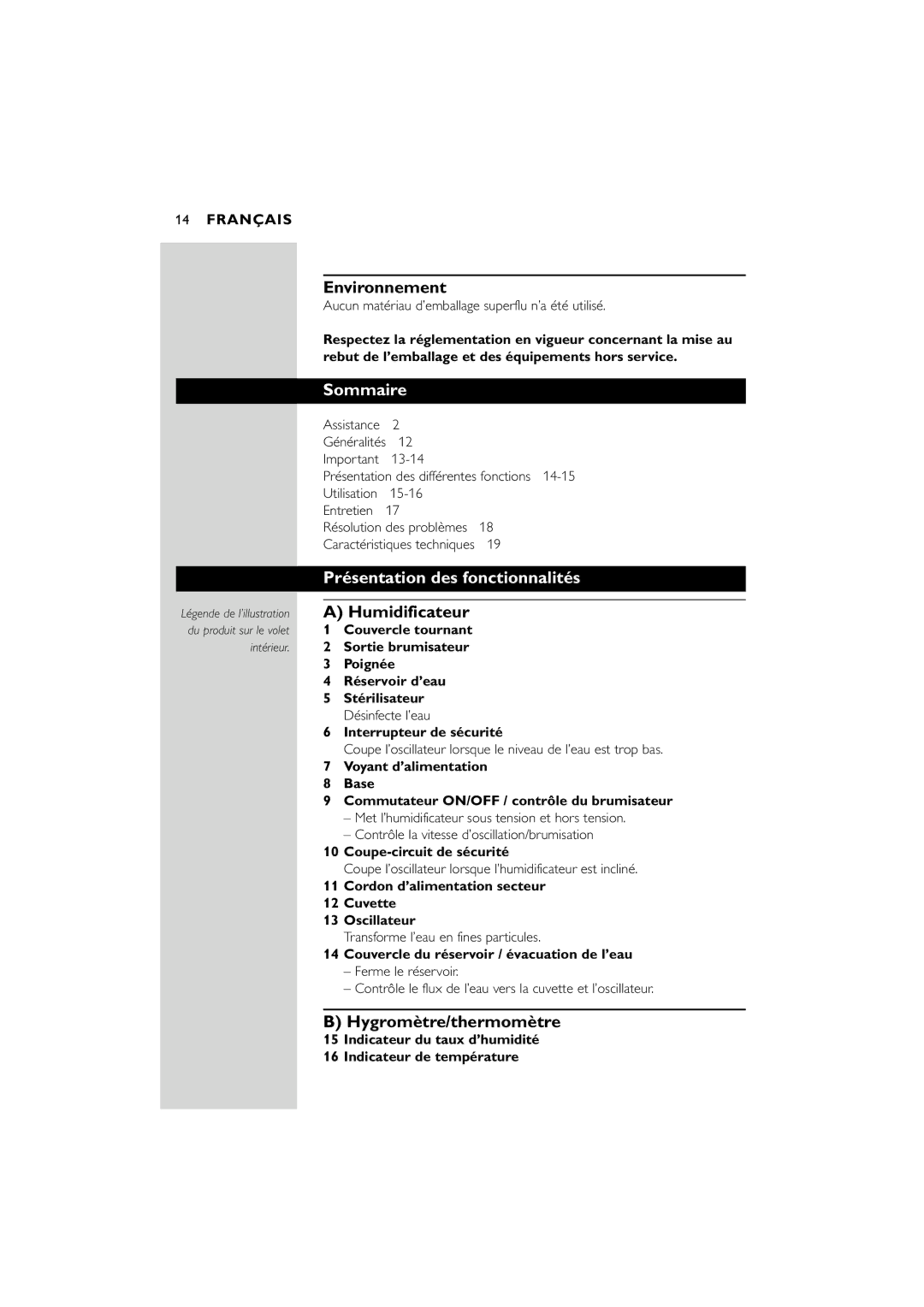 Philips SC580 manual Environnement, Sommaire, Présentation des fonctionnalités, Humidificateur, Hygromètre/thermomètre 