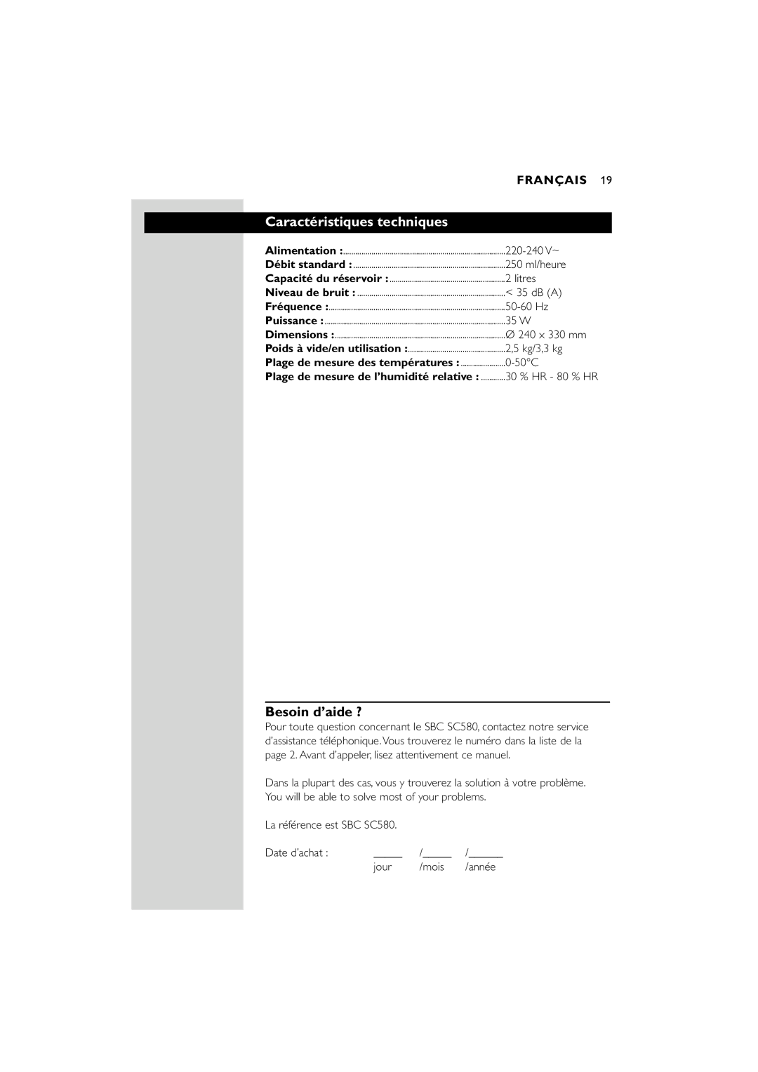 Philips SC580 manual Caractéristiques techniques, Besoin d’aide ? 