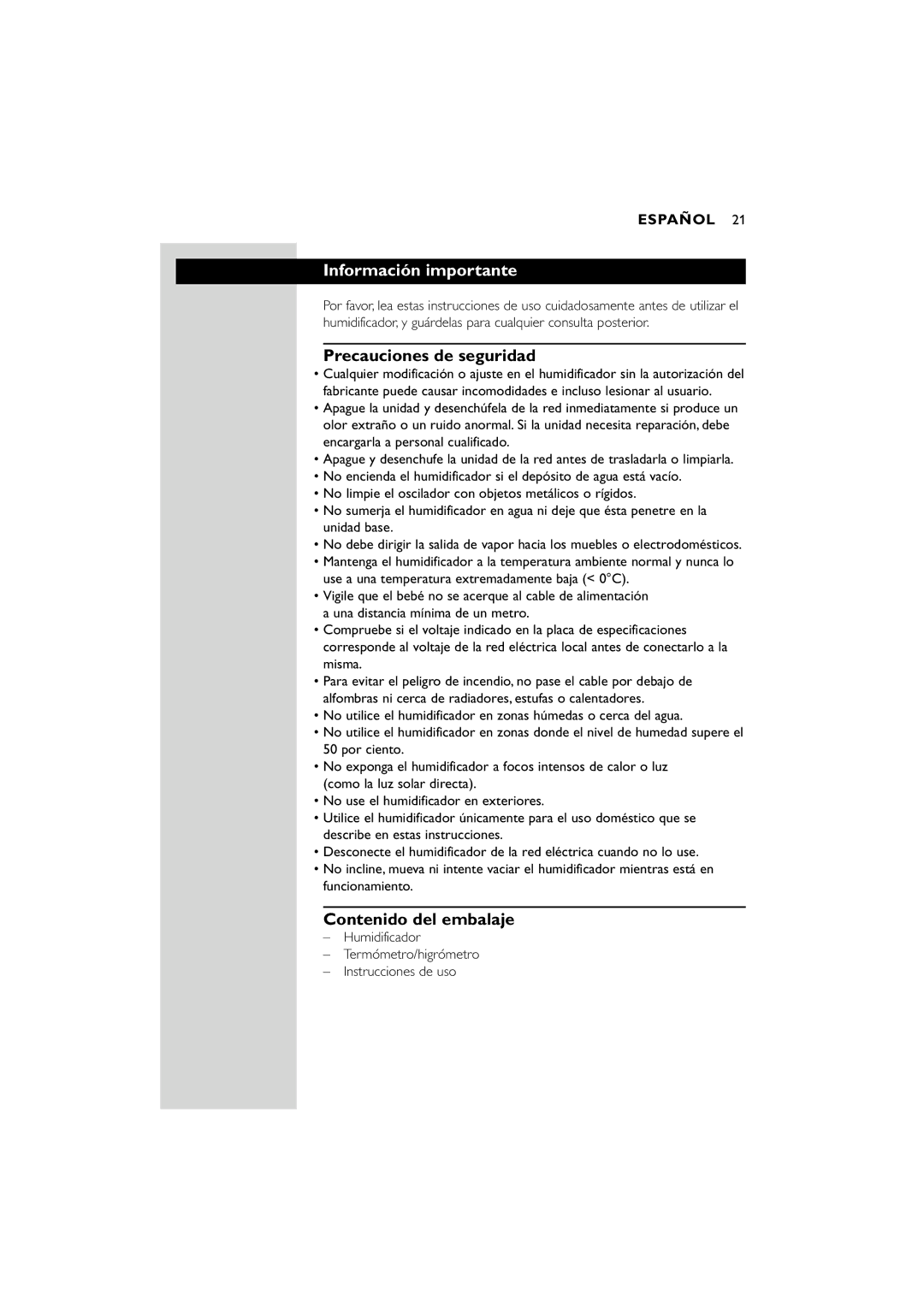 Philips SC580 manual Información importante, Precauciones de seguridad, Contenido del embalaje 