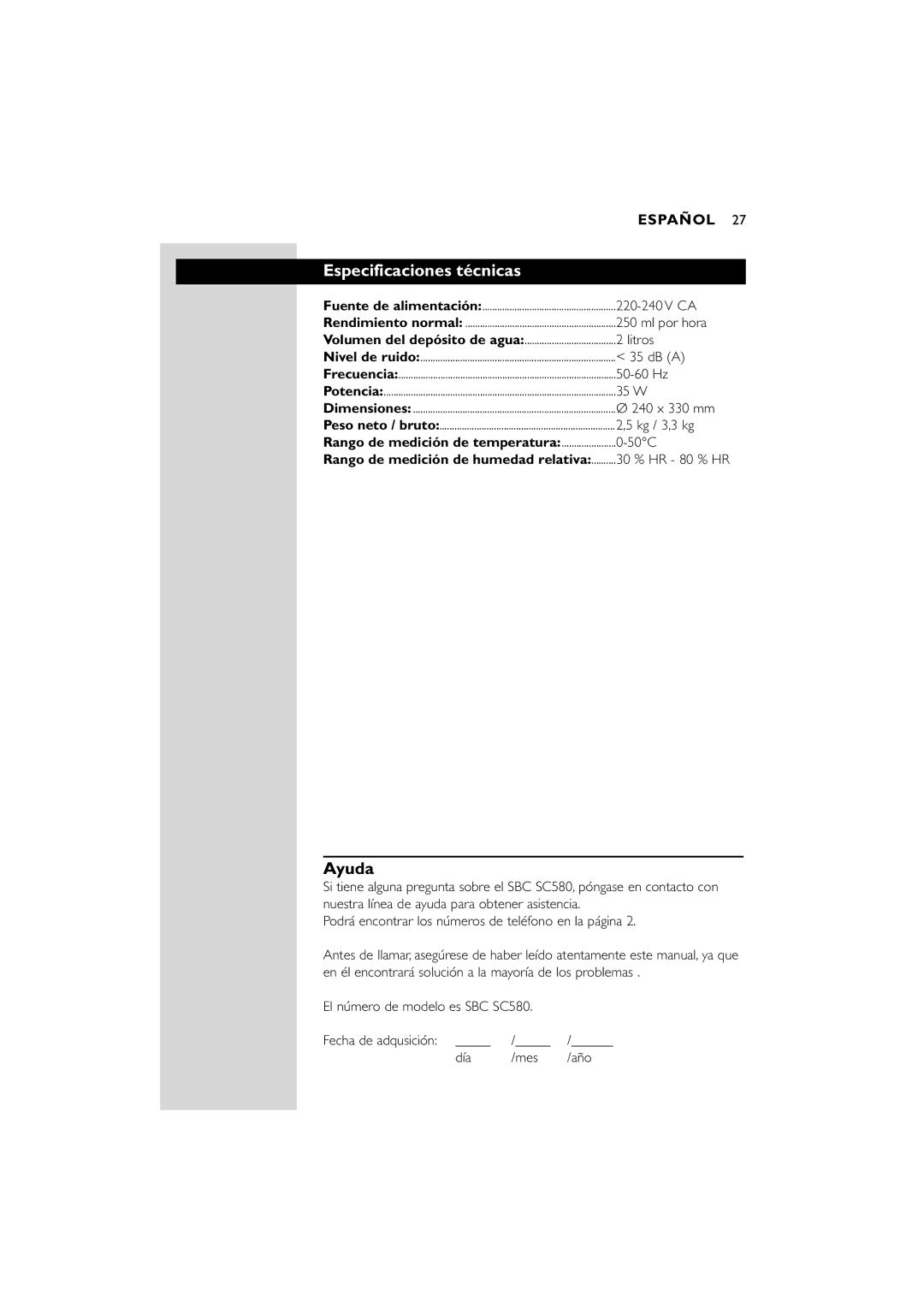 Philips SC580 manual Especificaciones técnicas, Ayuda 