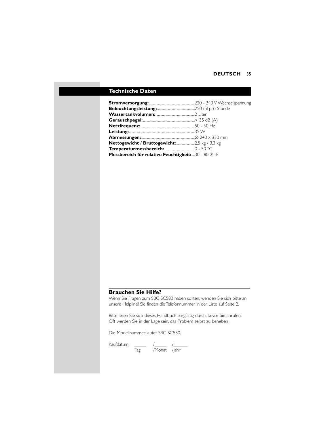 Philips SC580 manual Technische Daten, Brauchen Sie Hilfe? 