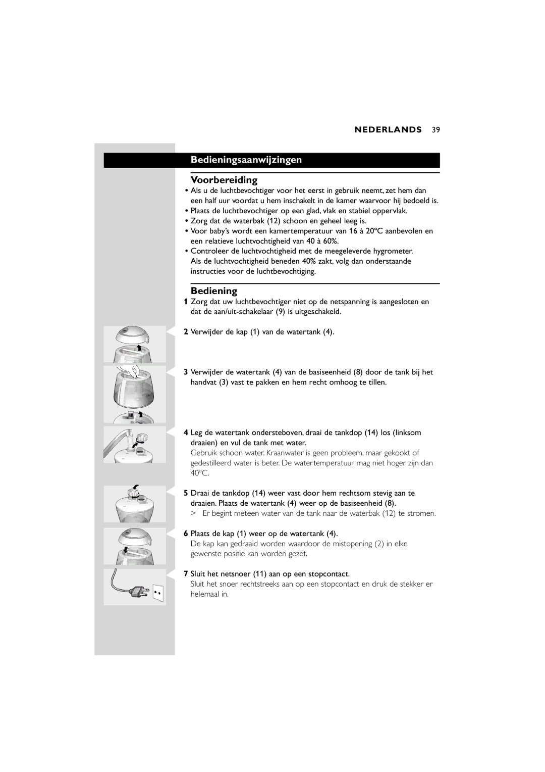 Philips SC580 manual Bedieningsaanwijzingen, Voorbereiding 