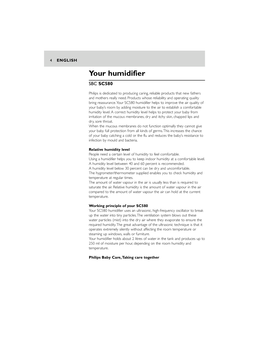 Philips manual Your humidifier, Relative humidity level, Working principle of your SC580 