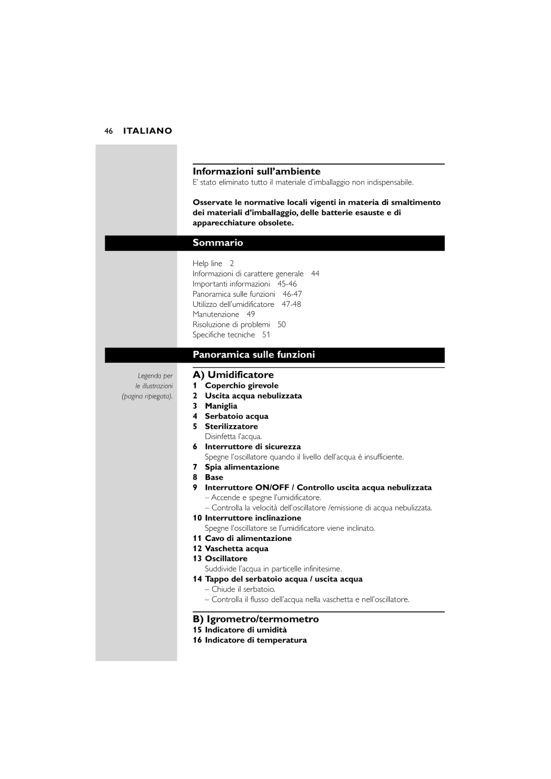 Philips SC580 manual Informazioni sull’ambiente, Sommario, Panoramica sulle funzioni, Umidificatore, Igrometro/termometro 