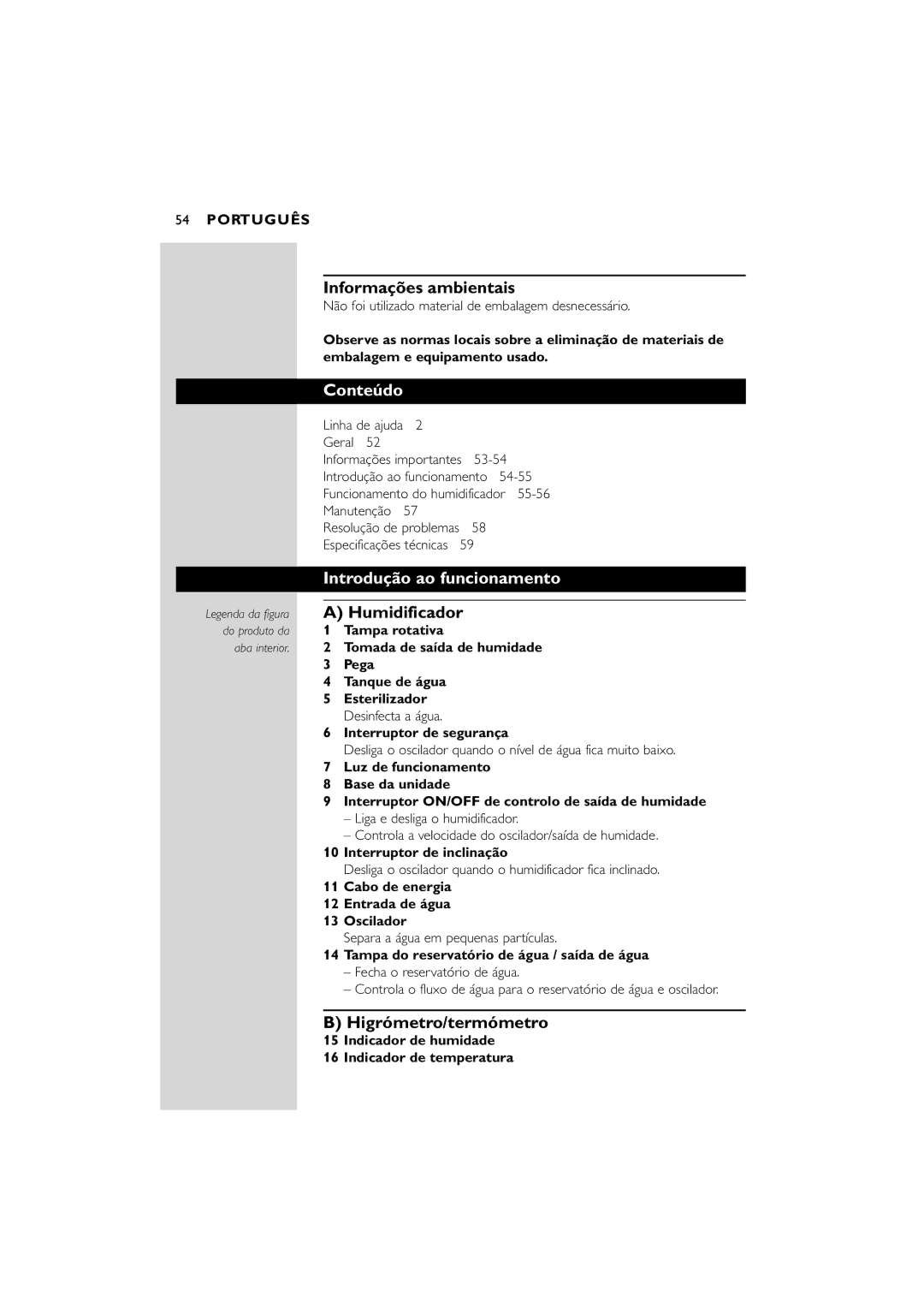 Philips SC580 manual Informações ambientais, Conteúdo, Introdução ao funcionamento 