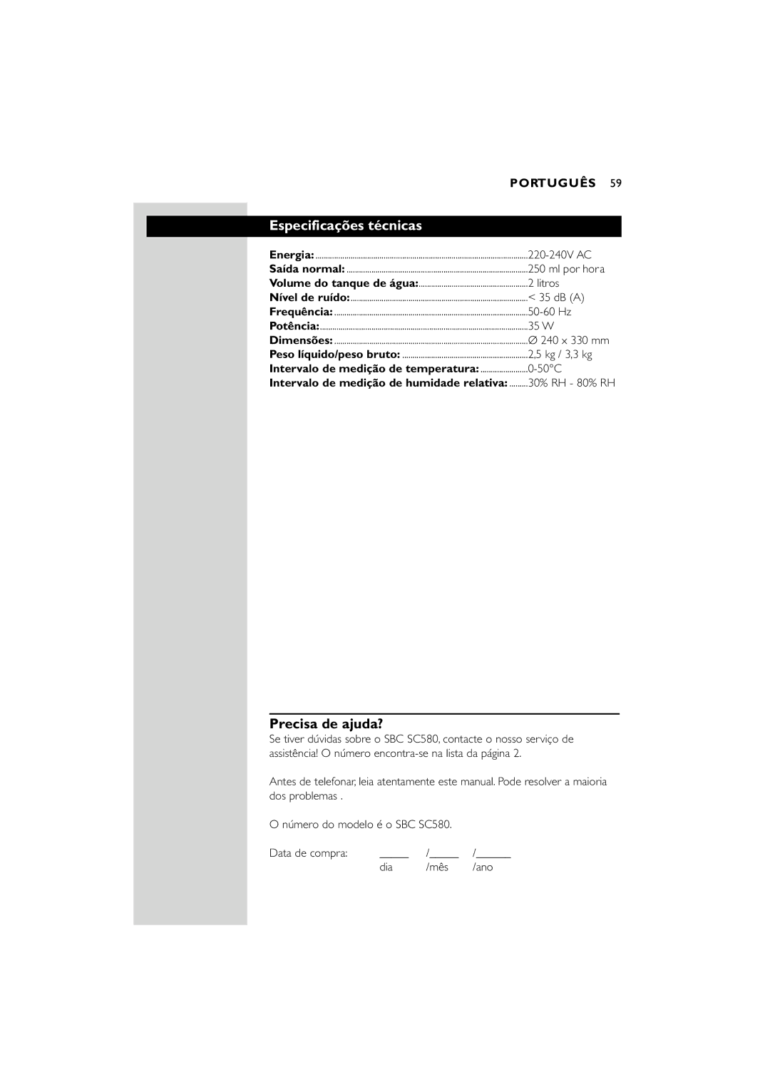 Philips SC580 manual Especificações técnicas, Precisa de ajuda? 