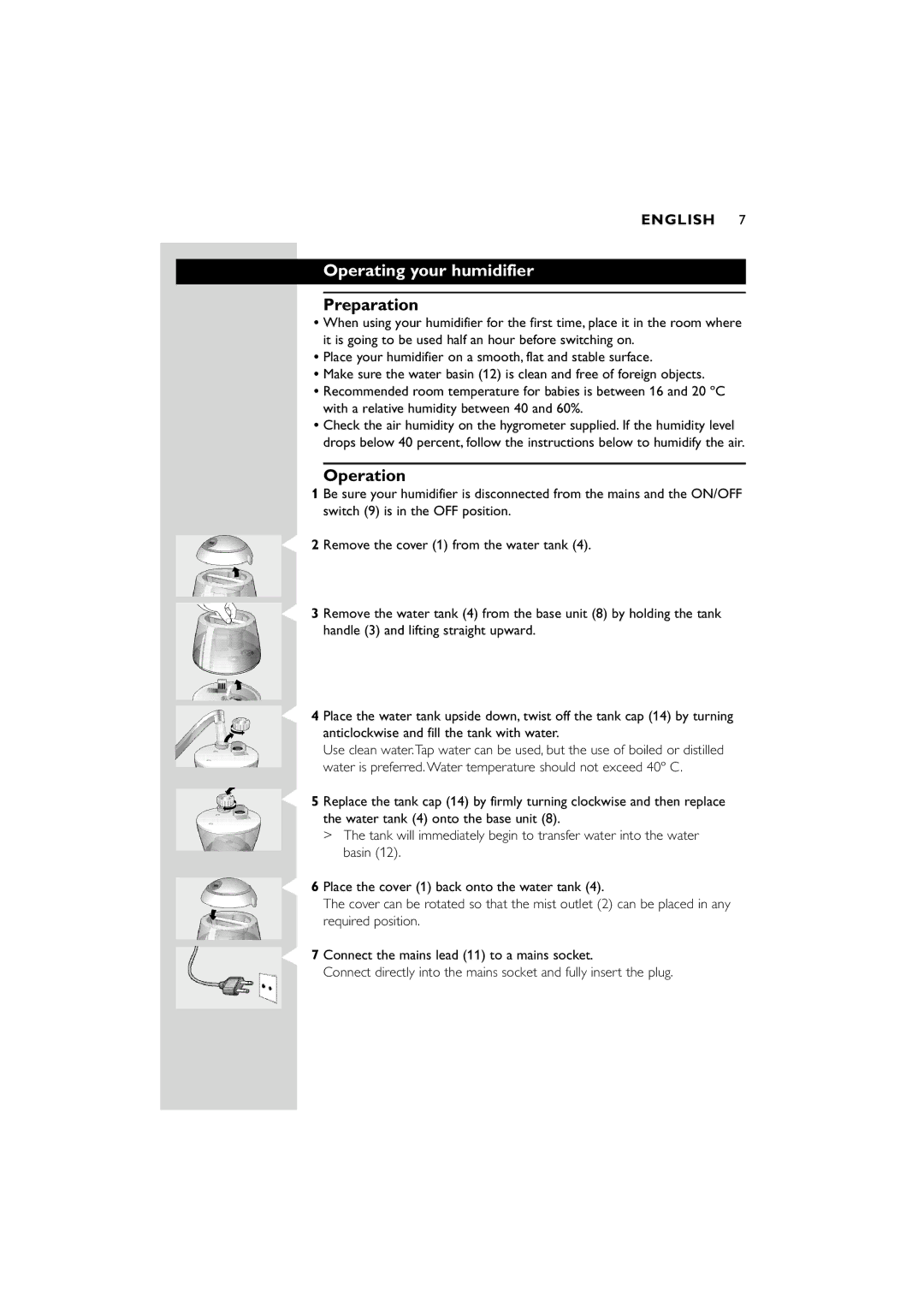 Philips SC580 manual Operating your humidifier, Preparation, Operation 