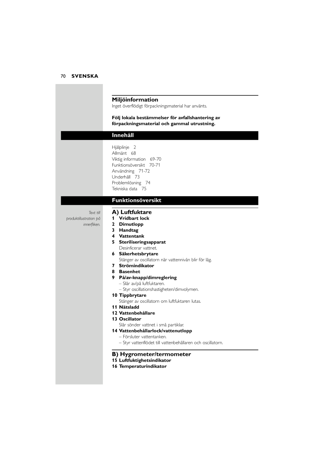 Philips SC580 manual Miljöinformation, Innehåll, Funktionsöversikt, Luftfuktare, Hygrometer/termometer 