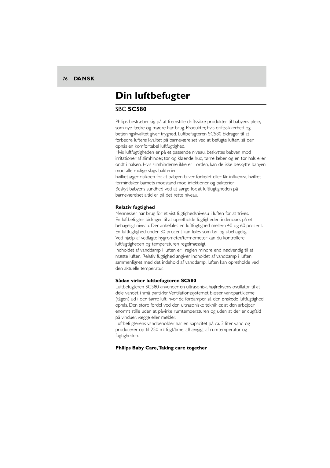 Philips manual Din luftbefugter, Da N S K, Relativ fugtighed, Sådan virker luftbefugteren SC580 