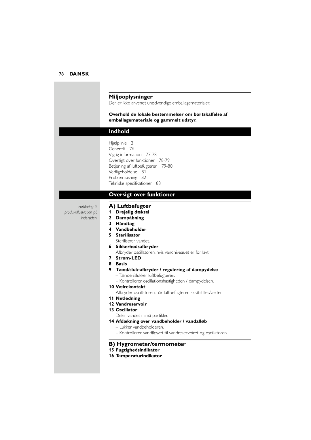 Philips SC580 manual Miljøoplysninger, Indhold, Oversigt over funktioner, Luftbefugter 