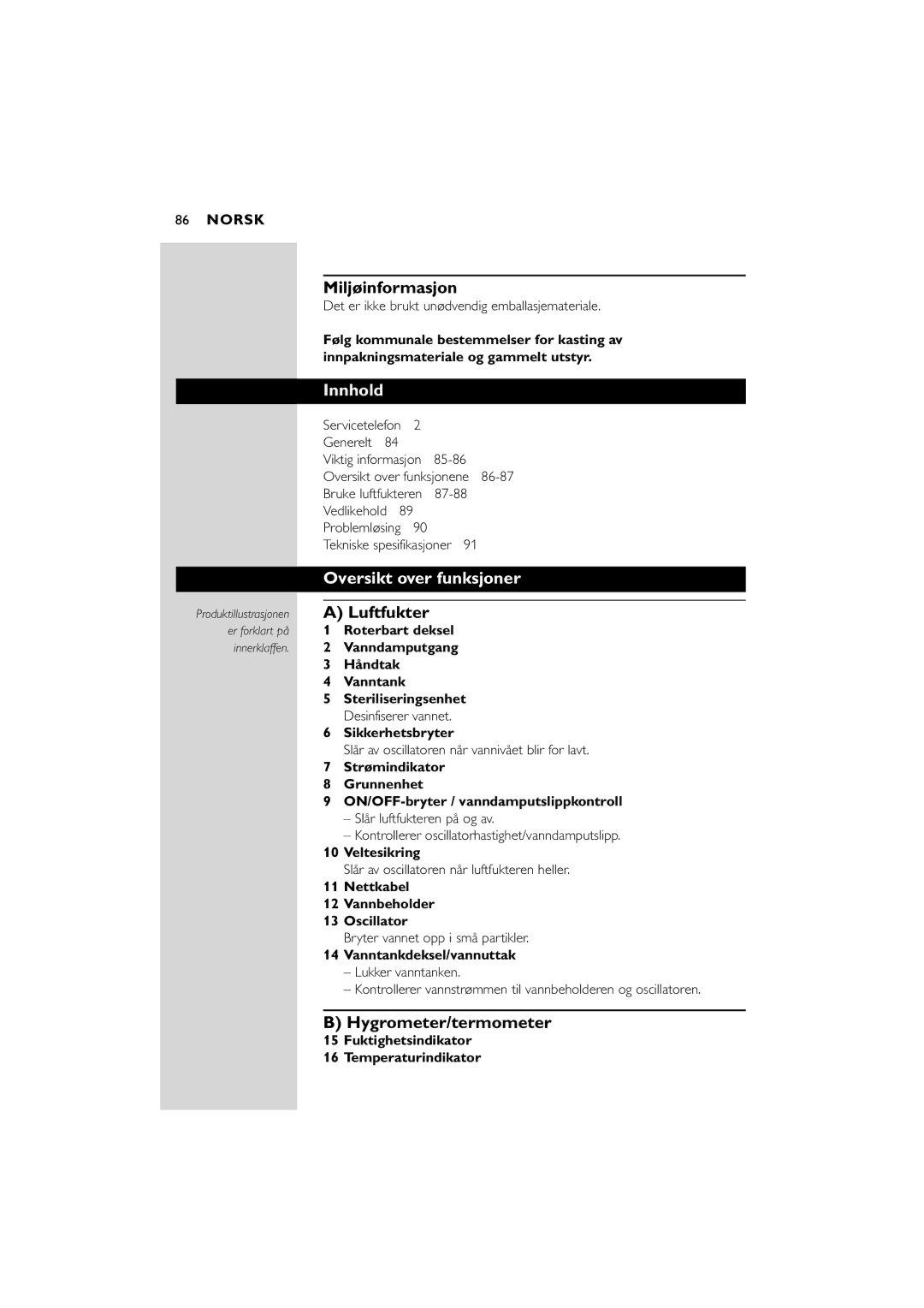 Philips SC580 manual Miljøinformasjon, Innhold, Oversikt over funksjoner, Luftfukter 