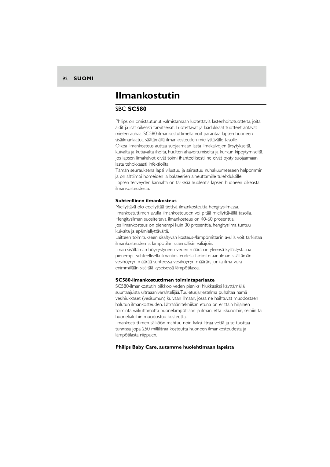 Philips manual Ilmankostutin, Suhteellinen ilmankosteus, SC580-ilmankostuttimen toimintaperiaate 