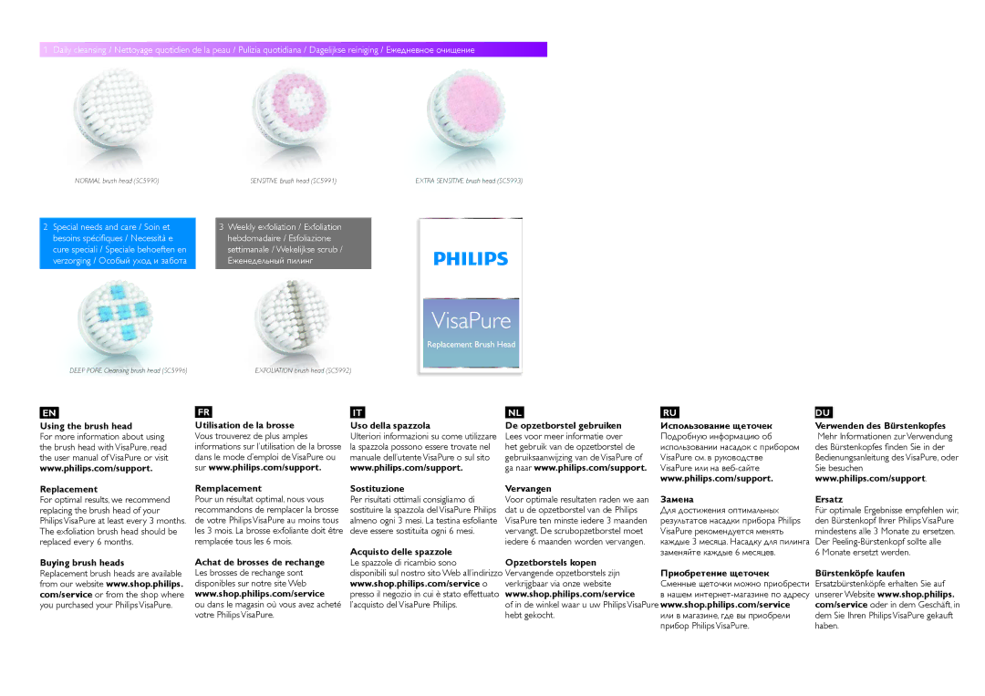 Philips SC5996, SC5991 user manual Using the brush head Replacement, Remplacement, Uso della spazzola Sostituzione, Ersatz 