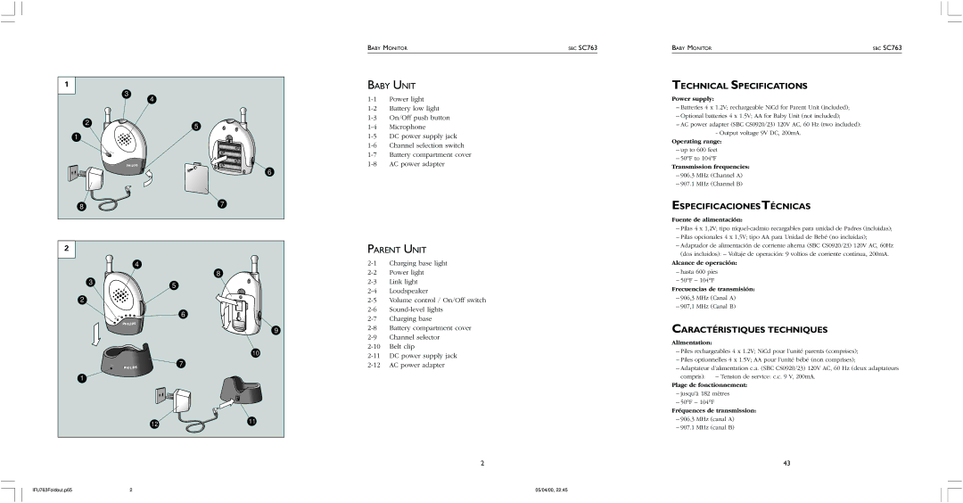 Philips SC763 Baby Unit, Parent Unit, Technical Specifications, Especificacionestécnicas, Caractéristiques Techniques 