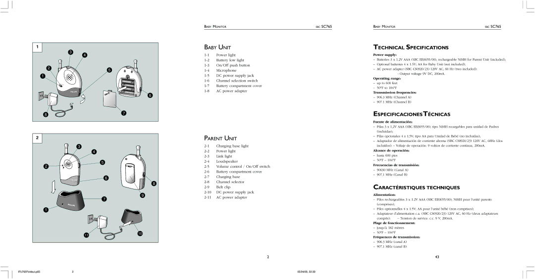 Philips SC765 Baby Unit, Parent Unit, Technical Specifications, Especificacionestécnicas, Caractéristiques Techniques 