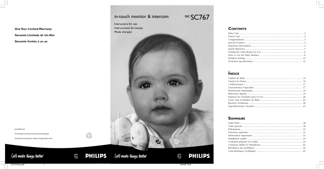 Philips SC767 warranty Contents, Índice, Sommaire 