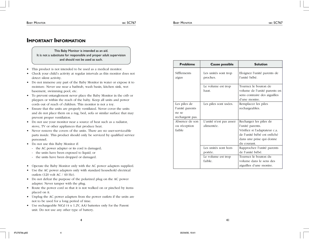 Philips SC767 warranty Important Information, Problème Cause possible Solution 