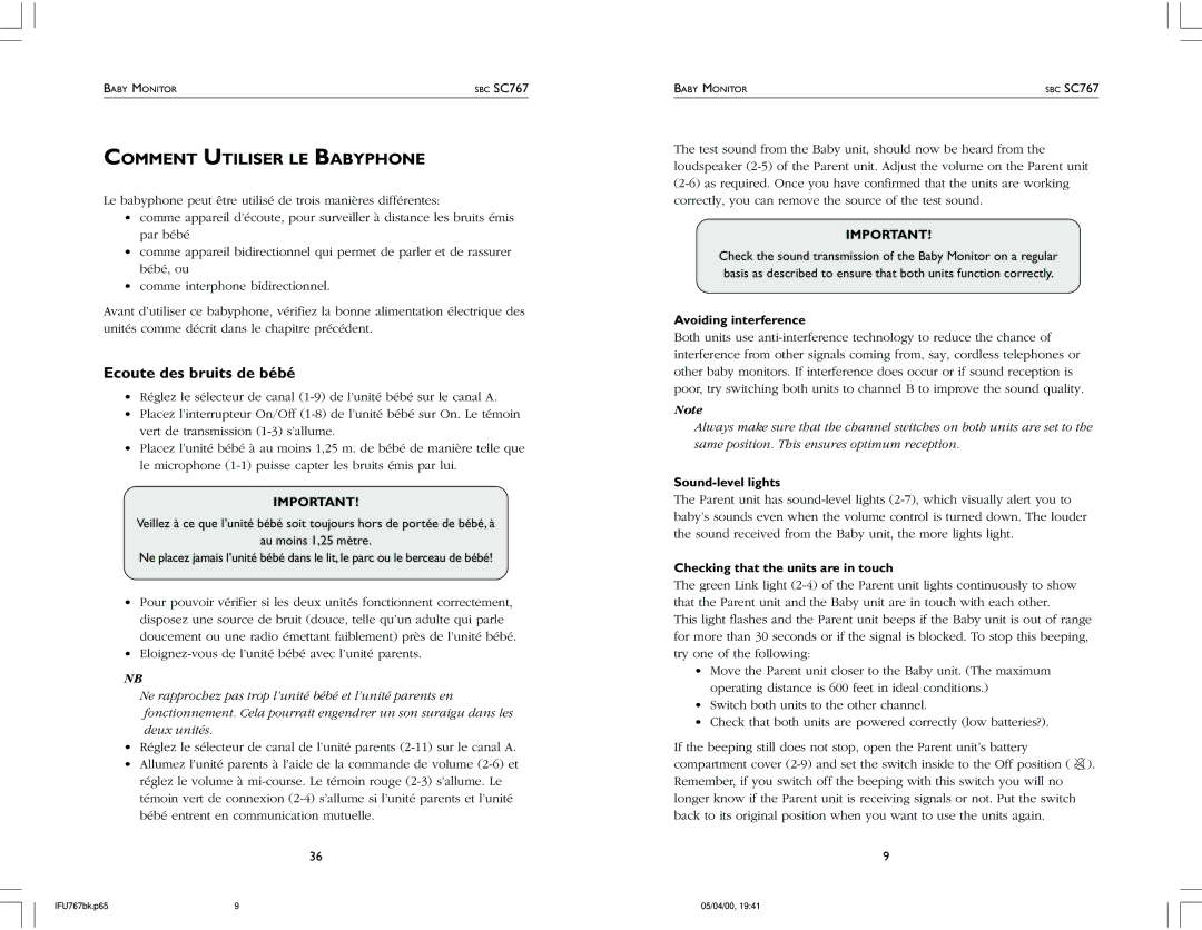 Philips SC767 warranty Comment Utiliser LE Babyphone, Ecoute des bruits de bébé, Avoiding interference, Sound-level lights 