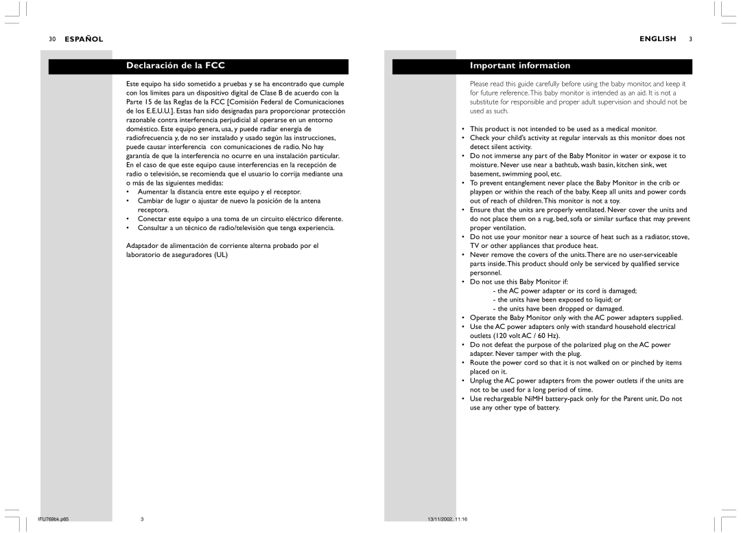 Philips SC769 warranty Declaración de la FCC, Important information 