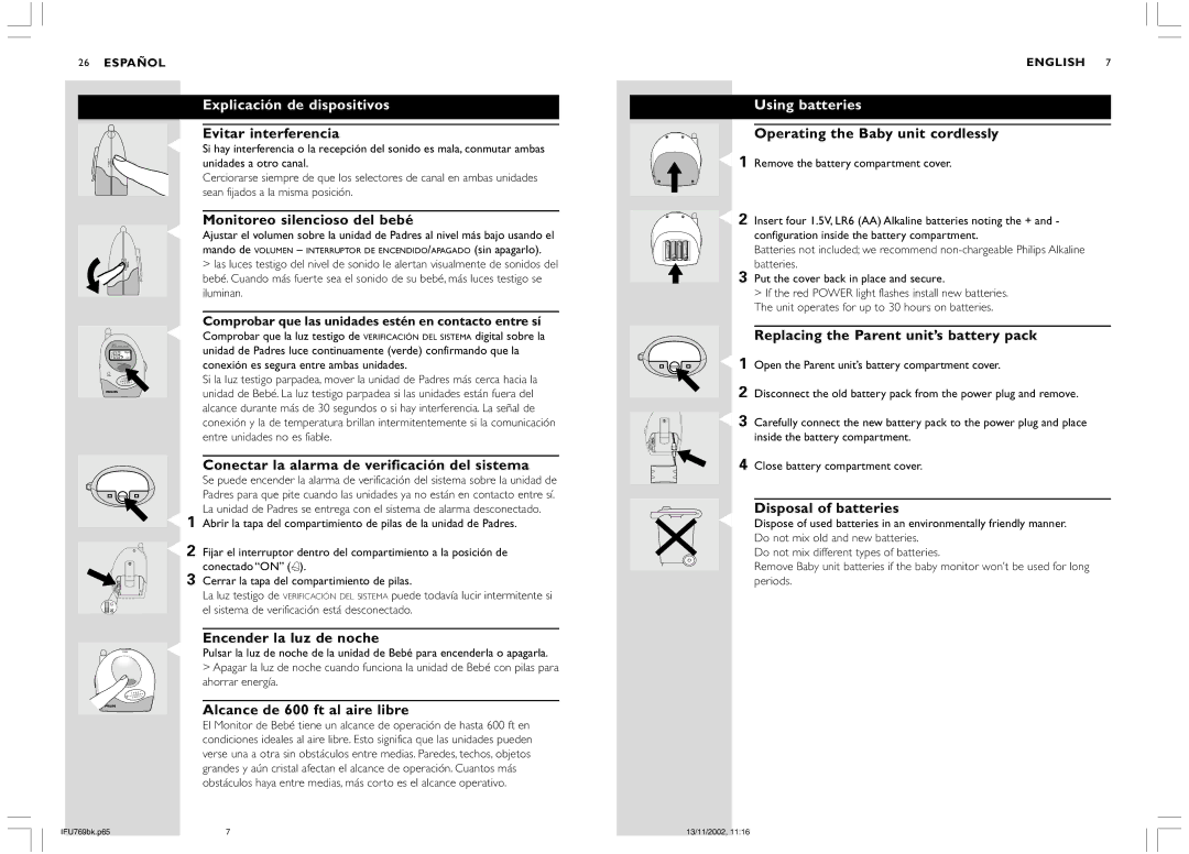 Philips SC769 warranty Explicación de dispositivos, Using batteries 