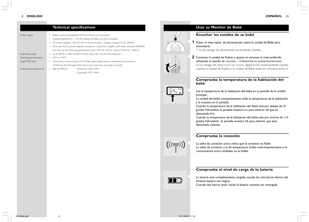 Philips SC769 warranty Technical specifications, Usar su Monitor de Bebé 