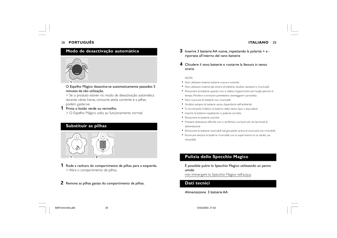 Philips SC910 warranty Modo de desactivação automática, Substituir as pilhas, Pulizia dello Specchio Magico, Dati tecnici 