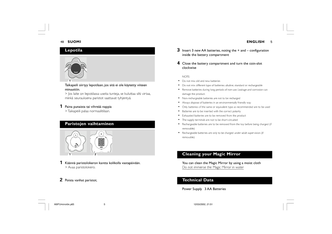 Philips SC910 warranty Lepotila, Paristojen vaihtaminen, Cleaning your Magic Mirror, Technical Data 