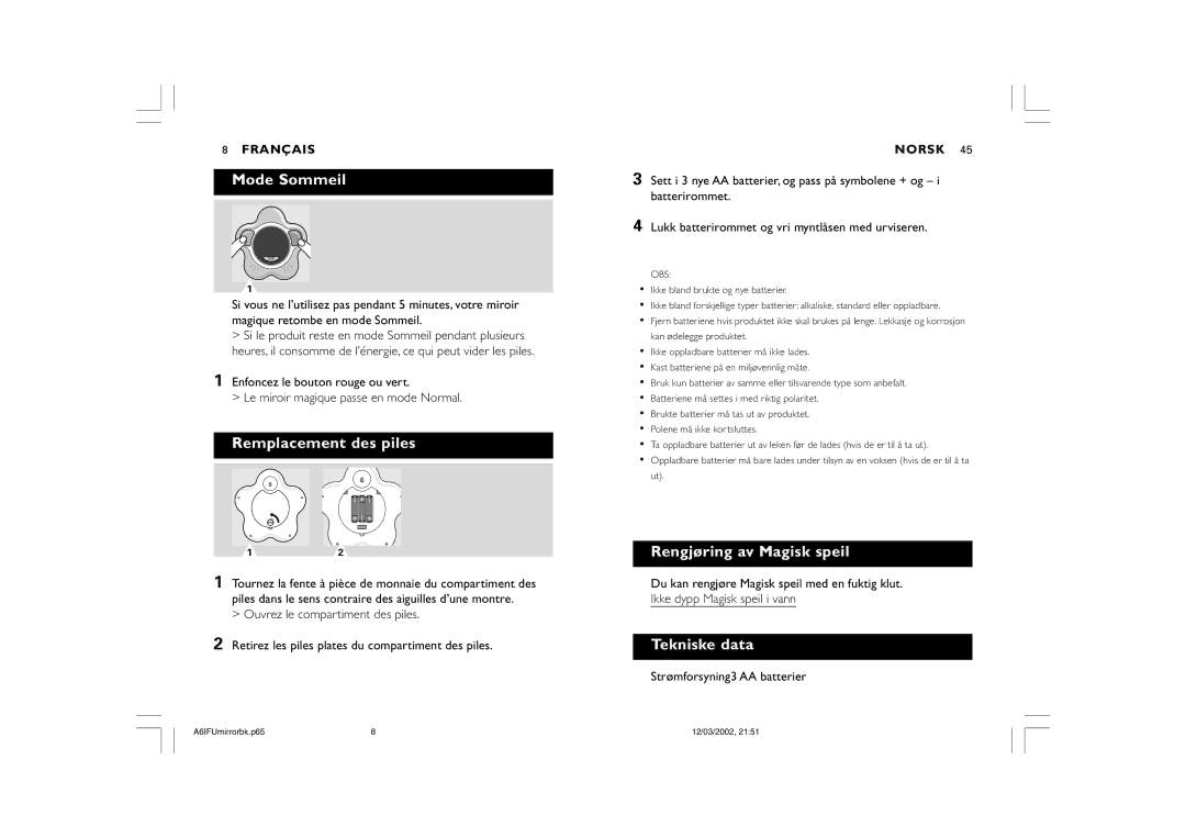 Philips SC910 warranty Mode Sommeil, Remplacement des piles, Rengjøring av Magisk speil, Tekniske data, Norsk 