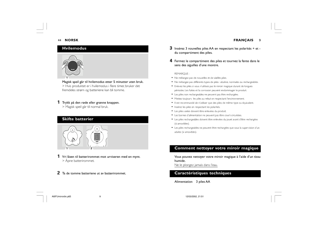 Philips SC910 Hvilemodus, Skifte batterier, Comment nettoyer votre miroir magique, Caractéristiques techniques, Remarque 