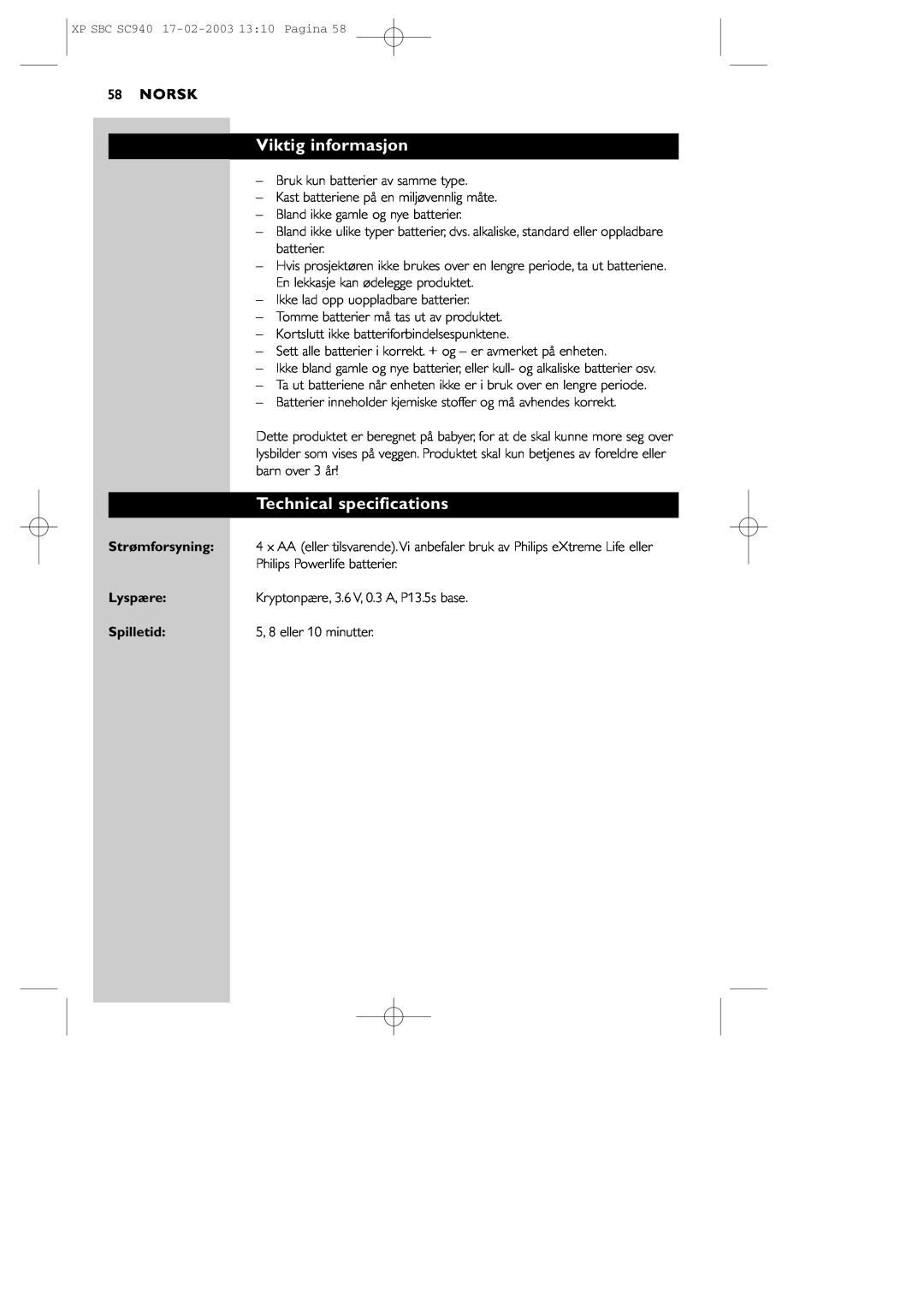 Philips SC940 manual Viktig informasjon, Technical specifications, Norsk 