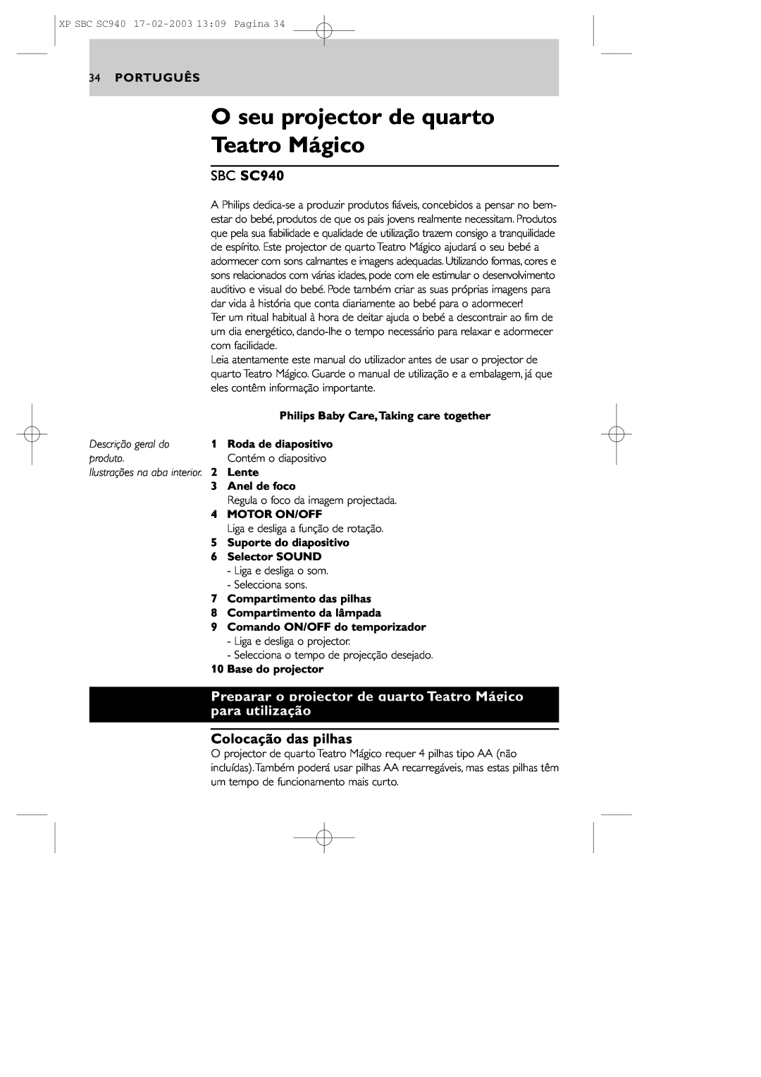 Philips manual O seu projector de quarto Teatro Mágico, SBC SC940, Colocação das pilhas, Português, Descrição geral do 