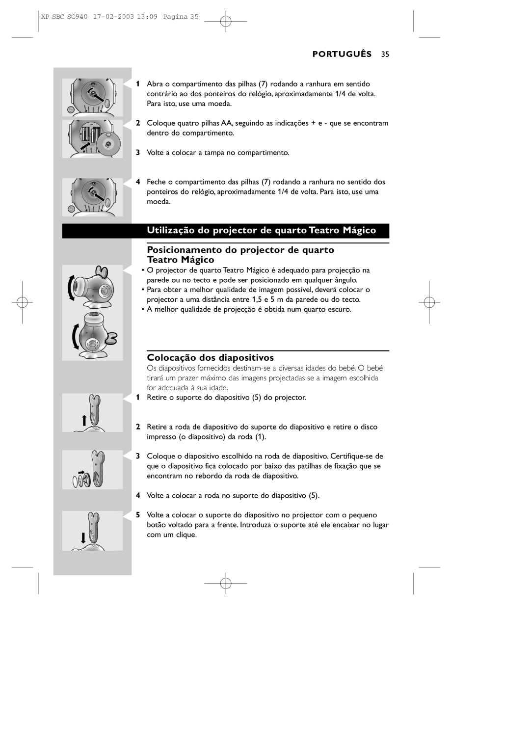 Philips SC940 manual Utilização do projector de quarto Teatro Mágico, Posicionamento do projector de quarto Teatro Mágico 