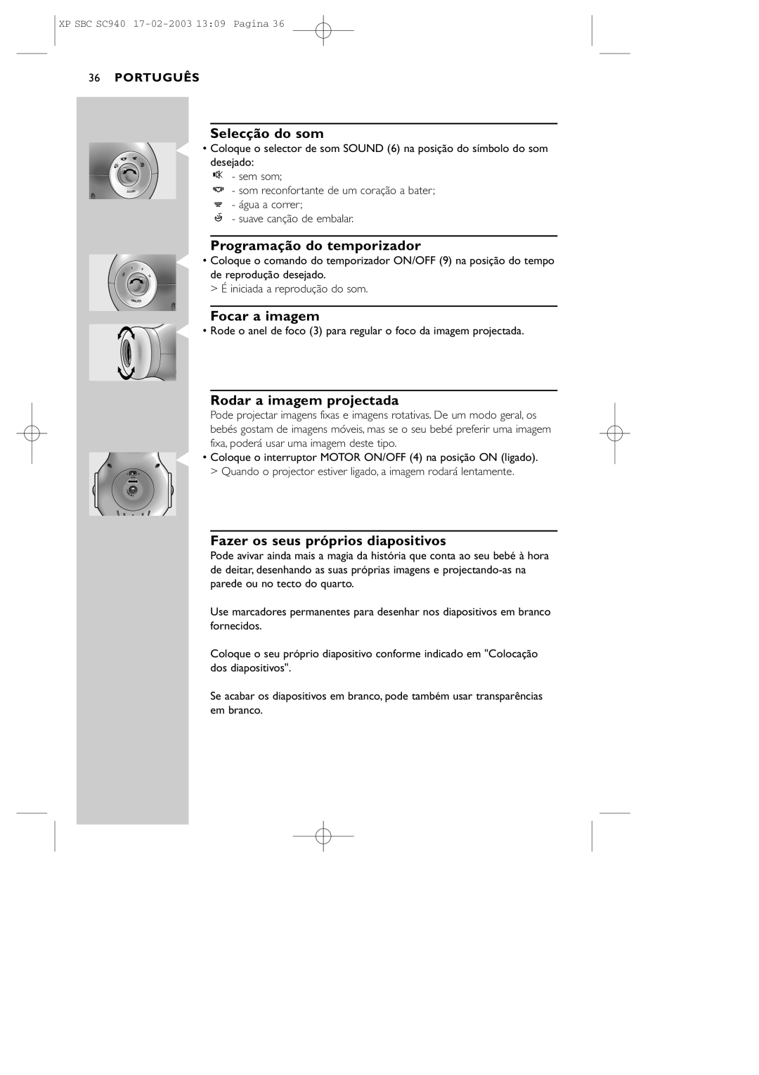 Philips SC940 manual Selecção do som, Programação do temporizador, Focar a imagem, Rodar a imagem projectada, Português 