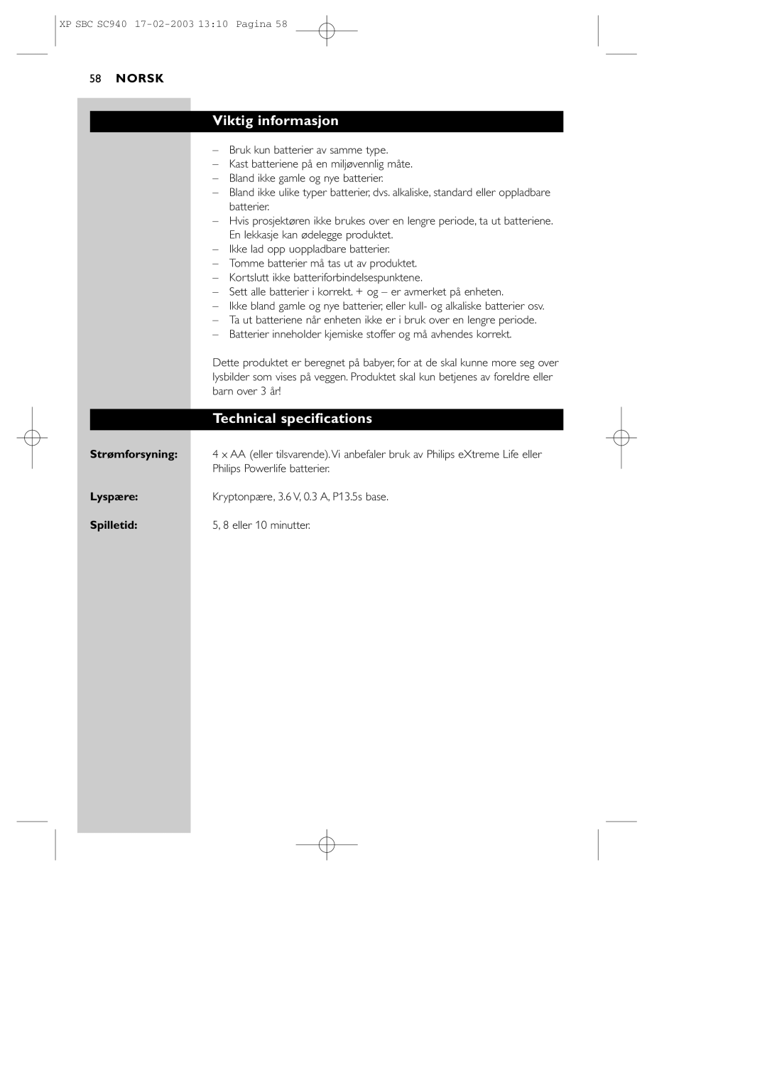 Philips SC940 manual Viktig informasjon, Technical specifications 