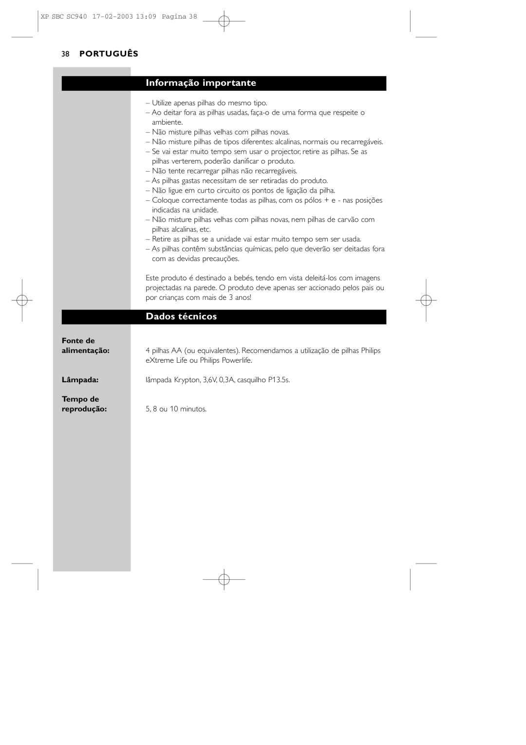 Philips SC940 manual Informação importante, Dados técnicos 