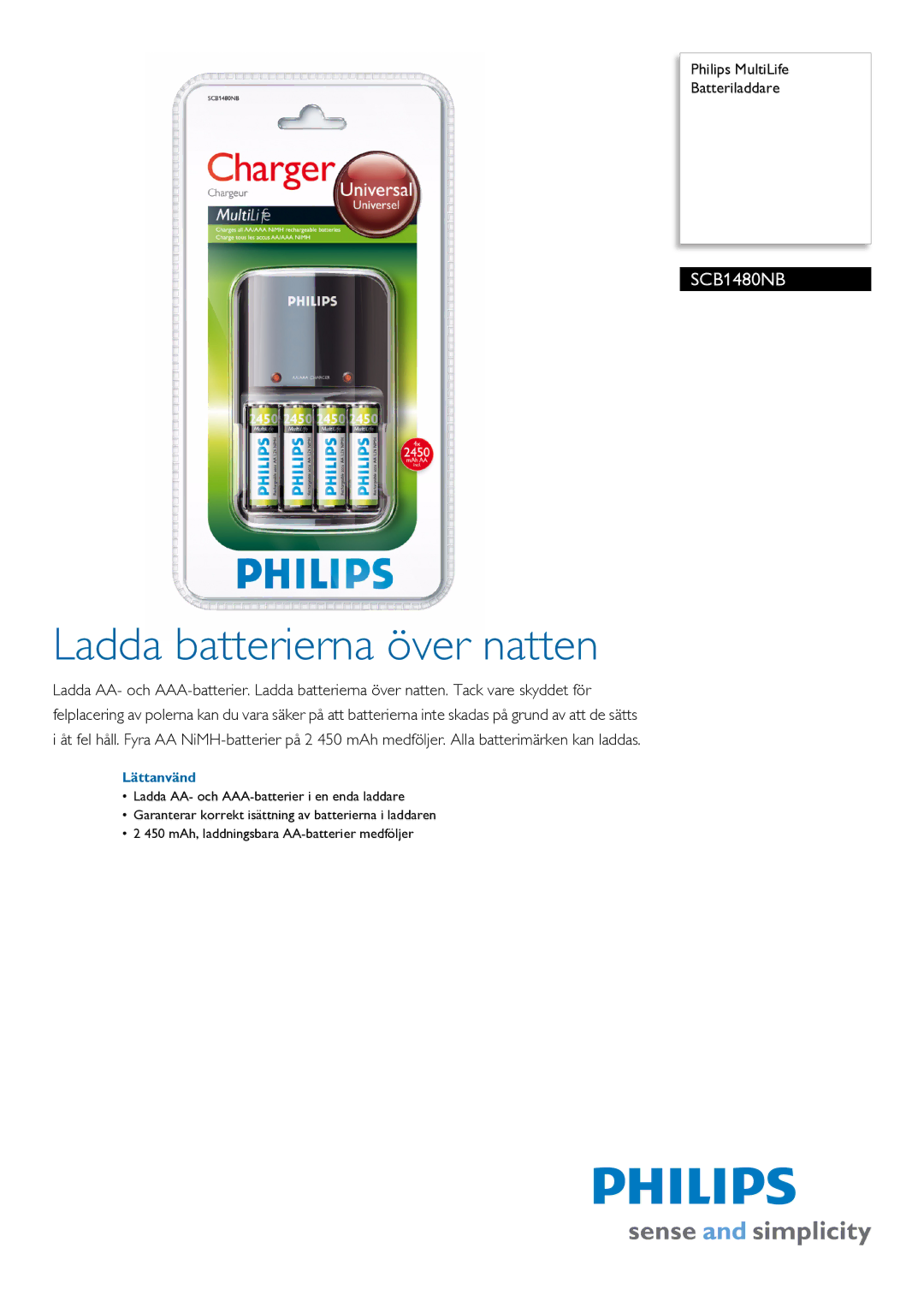 Philips SCB1480NB manual Ladda batterierna över natten, Lättanvänd 