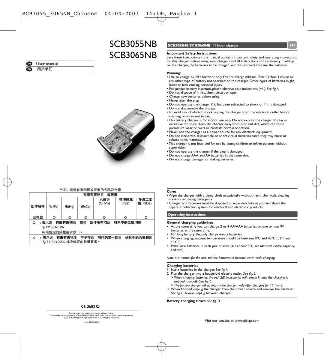 Philips user manual Pagina, 0682, SCB3055NB/SCB3065NB, 11 hour charger, Operating instructions 