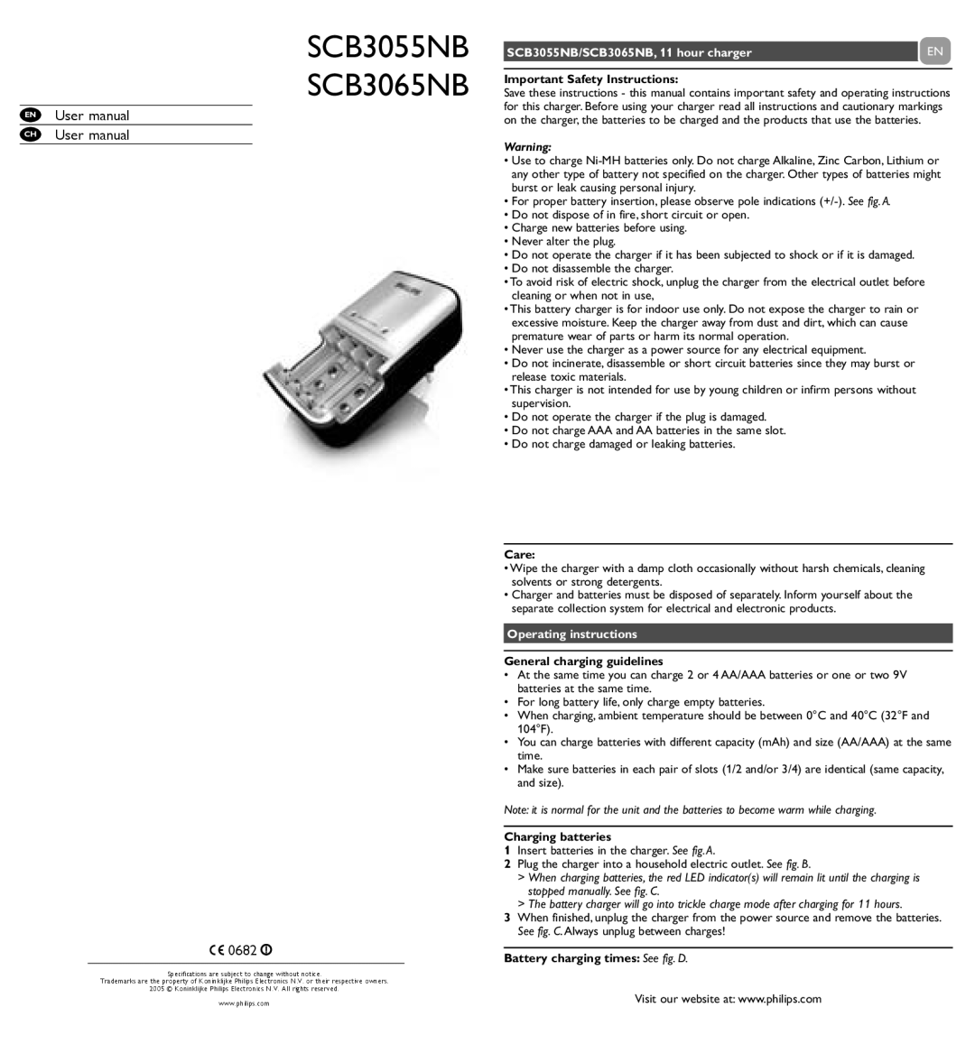 Philips user manual SCB3055NB SCB3065NB, 0682, SCB3055NB/SCB3065NB, 11 hour charger, Operating instructions 