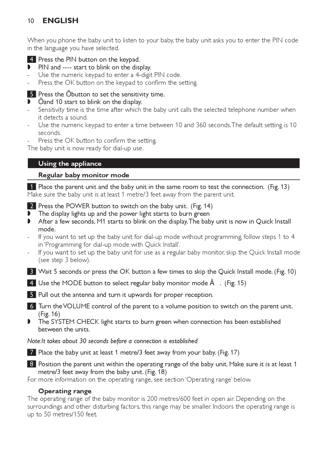 Philips SCD 469 manual Using the appliance, Regular baby monitor mode, Operating range 