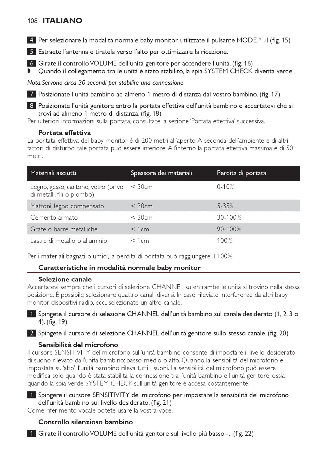 Philips SCD 469 manual Portata effettiva, Sensibilità del microfono, Controllo silenzioso bambino 