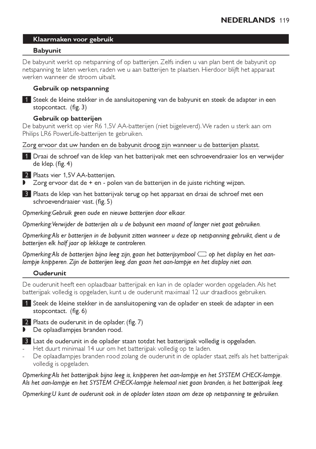 Philips SCD 469 manual Klaarmaken voor gebruik, Babyunit, Gebruik op netspanning, Gebruik op batterijen, Ouderunit 