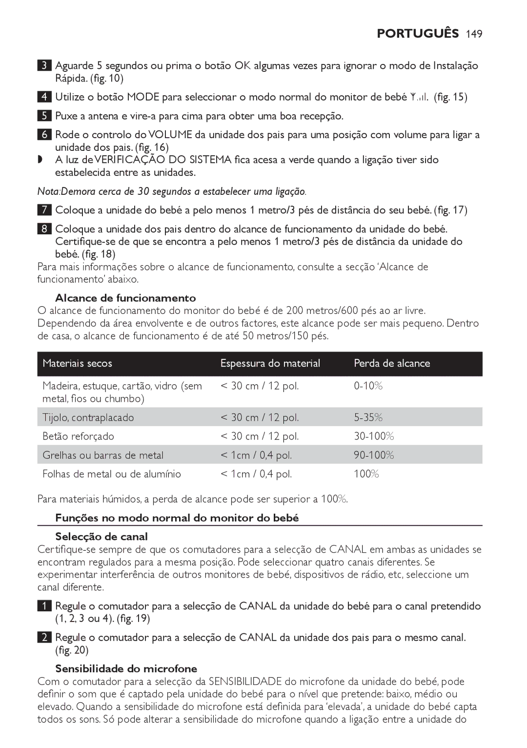 Philips SCD 469 manual Alcance de funcionamento, Materiais secos, Perda de alcance, Sensibilidade do microfone 