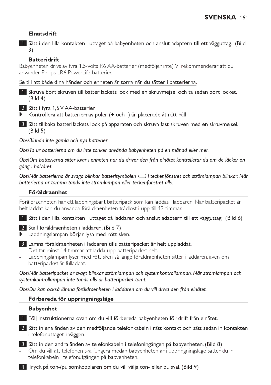 Philips SCD 469 manual Elnätsdrift, Batteridrift, Föräldraenhet, Förbereda för uppringningsläge Babyenhet 