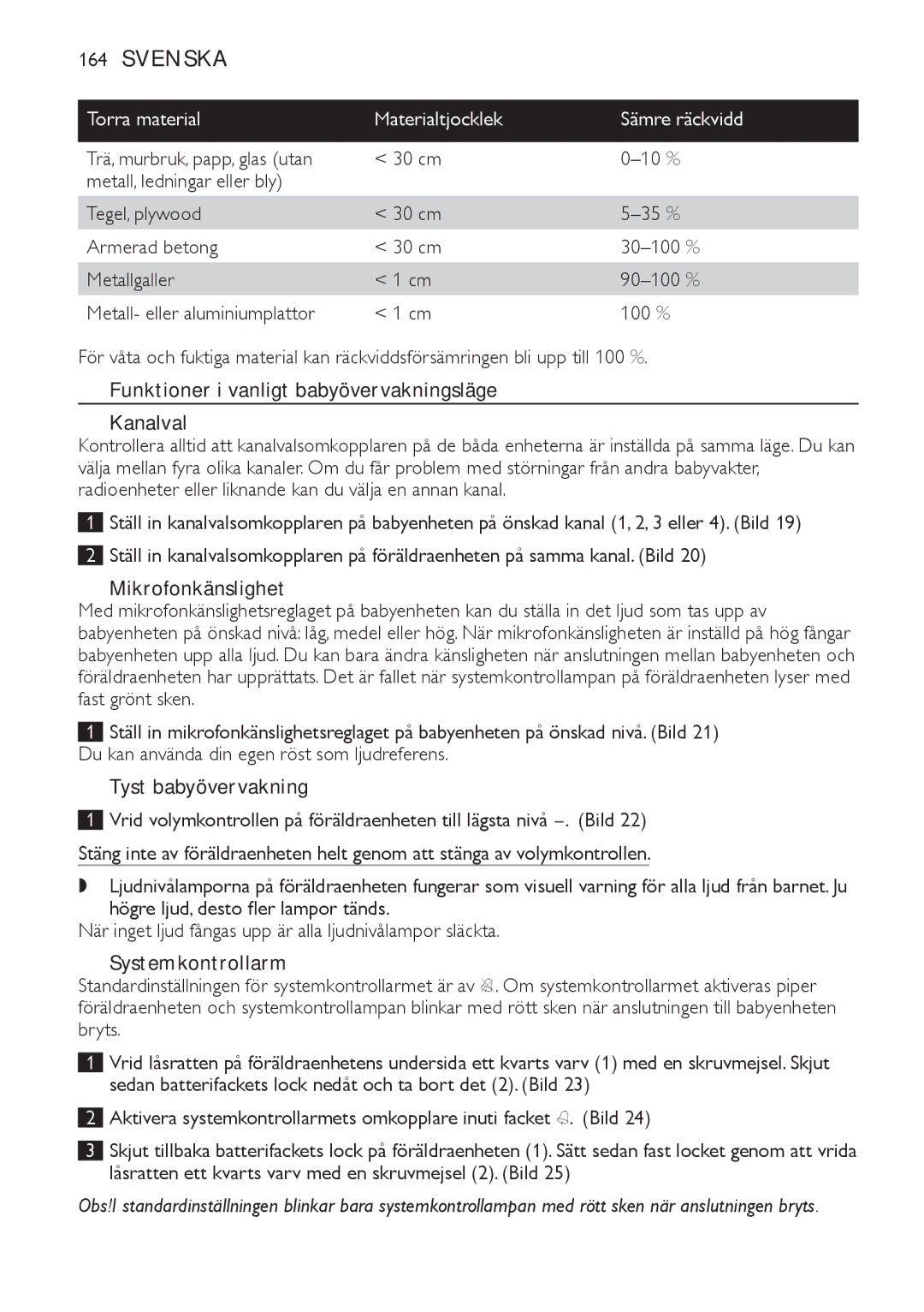 Philips SCD 469 manual Torra material Materialtjocklek Sämre räckvidd, Funktioner i vanligt babyövervakningsläge Kanalval 