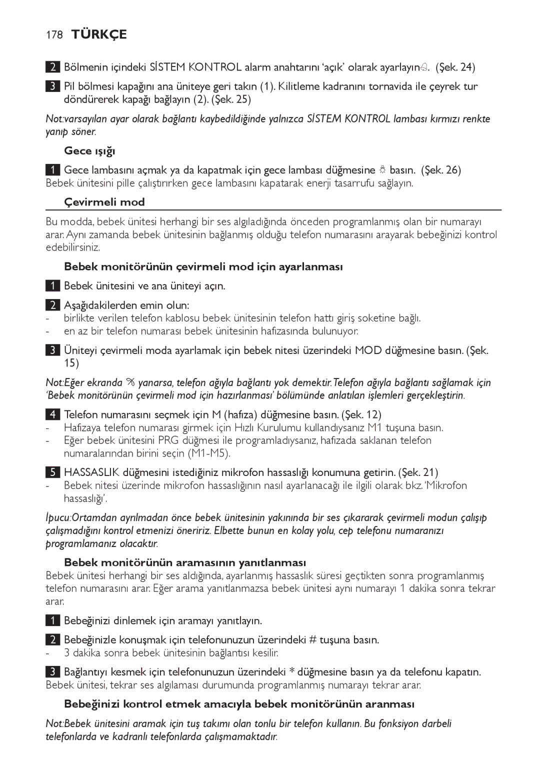 Philips SCD 469 manual 178 Türkçe, Gece ışığı, Çevirmeli mod, Bebek monitörünün çevirmeli mod için ayarlanması 