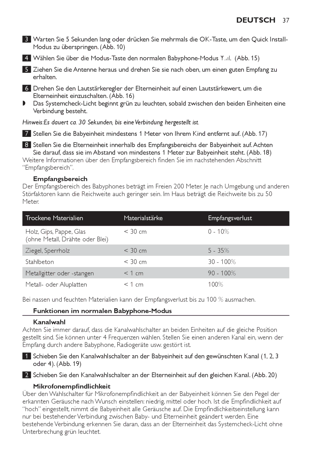 Philips SCD 469 manual Empfangsbereich, Trockene Materialien Materialstärke Empfangsverlust, Mikrofonempfindlichkeit 