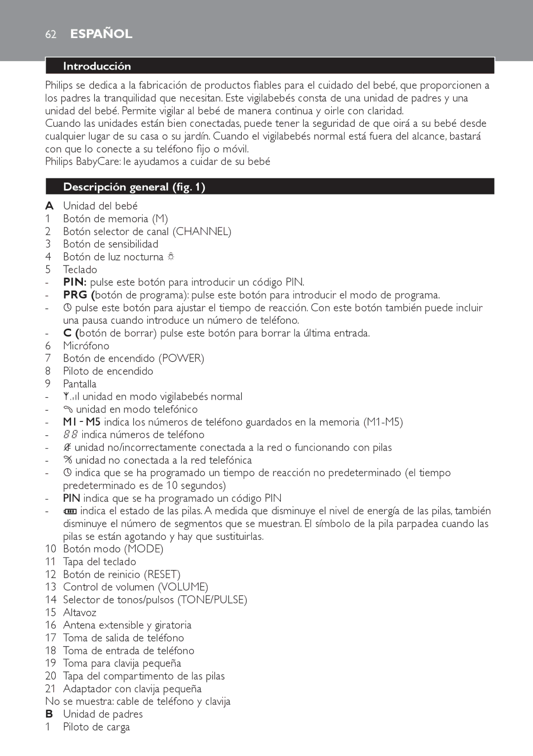 Philips SCD 469 manual Español, Introducción, Descripción general fig 