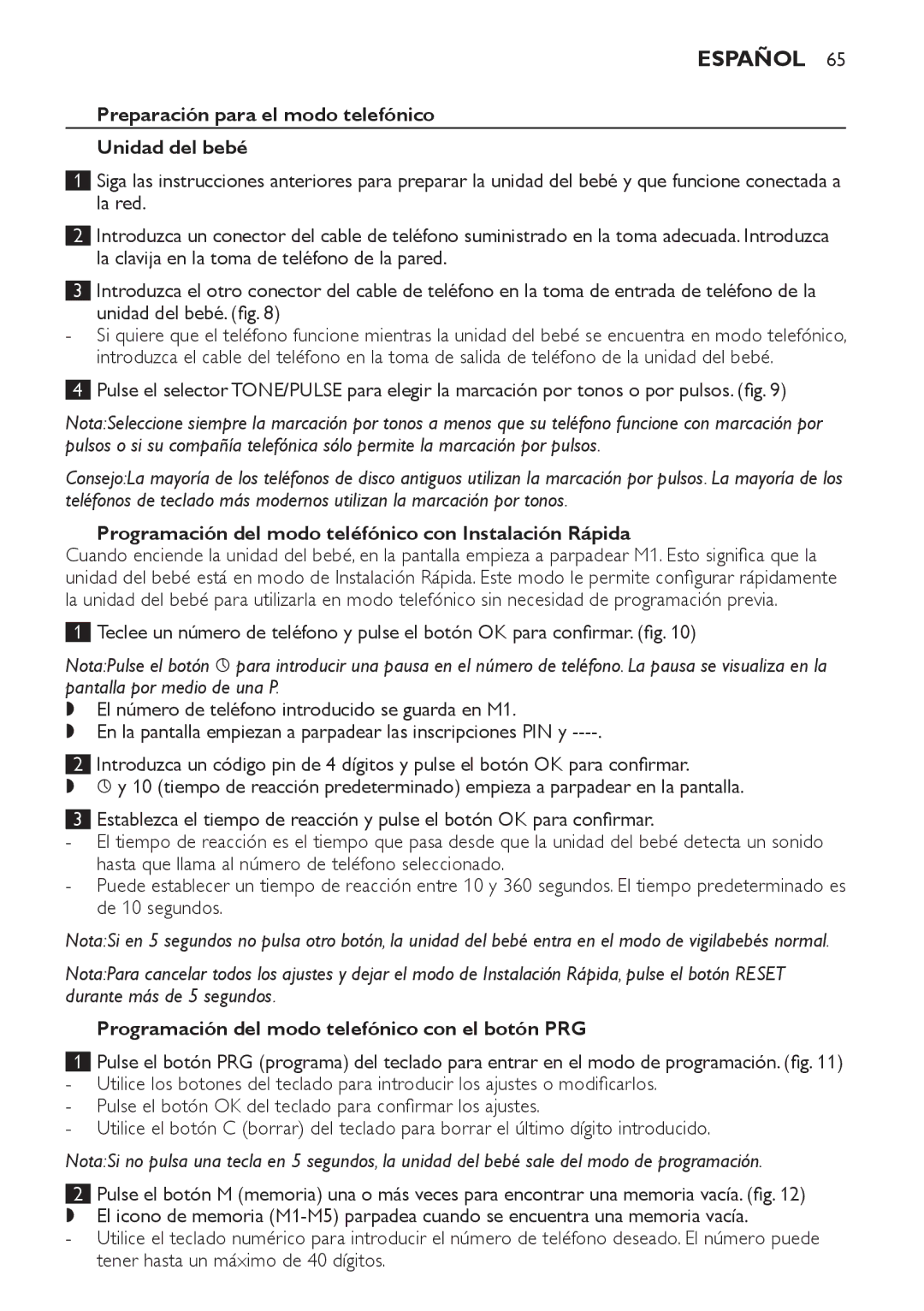 Philips SCD 469 Preparación para el modo telefónico Unidad del bebé, Programación del modo telefónico con el botón PRG 