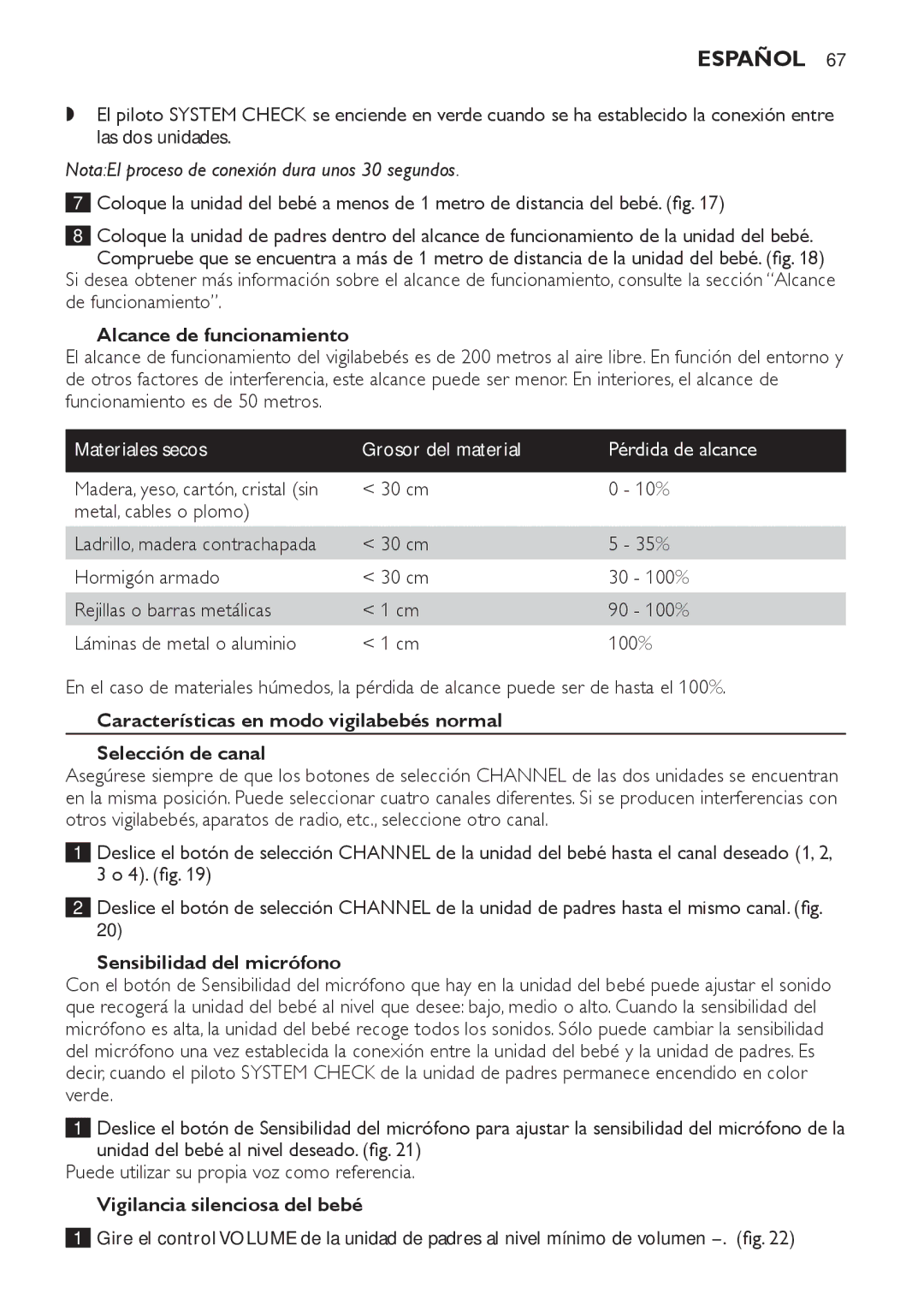 Philips SCD 469 manual Alcance de funcionamiento, Materiales secos Grosor del material Pérdida de alcance 