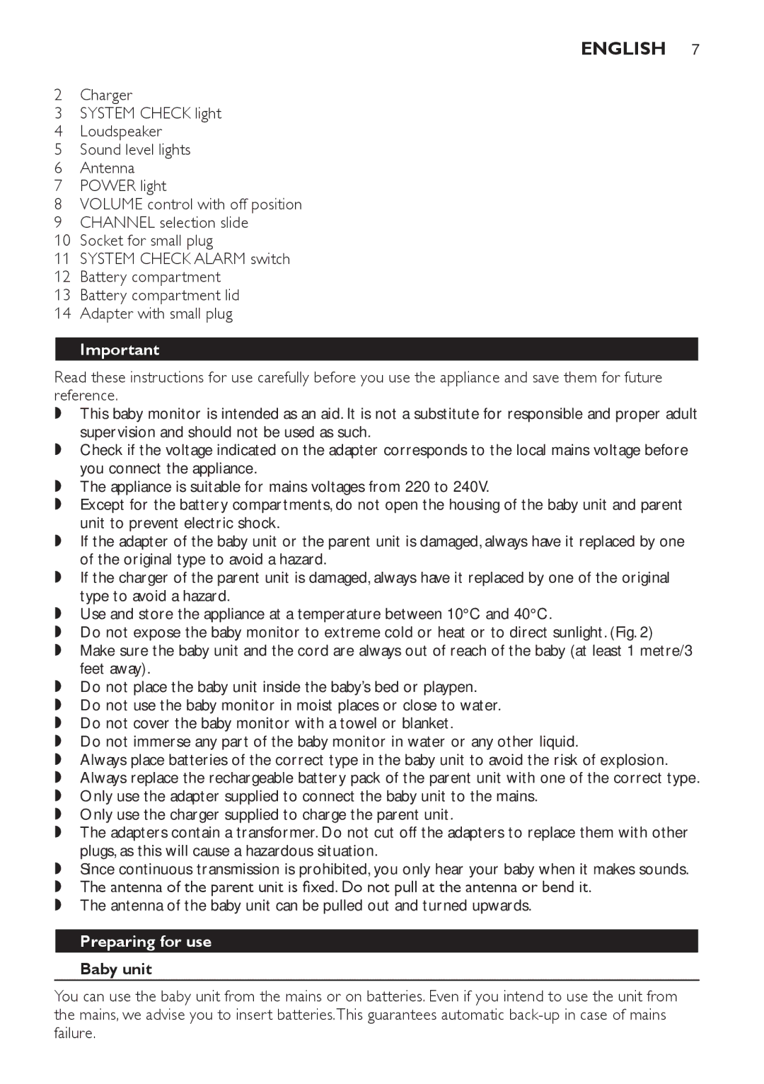 Philips SCD 469 manual English, Preparing for use, Baby unit 